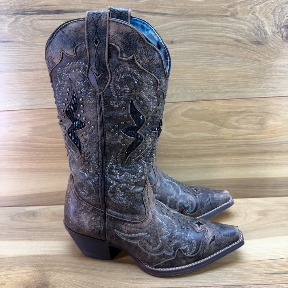 Laredo Western Inlay Studded Distressed Leather Boot 6 M Brown Leather Snip Toe